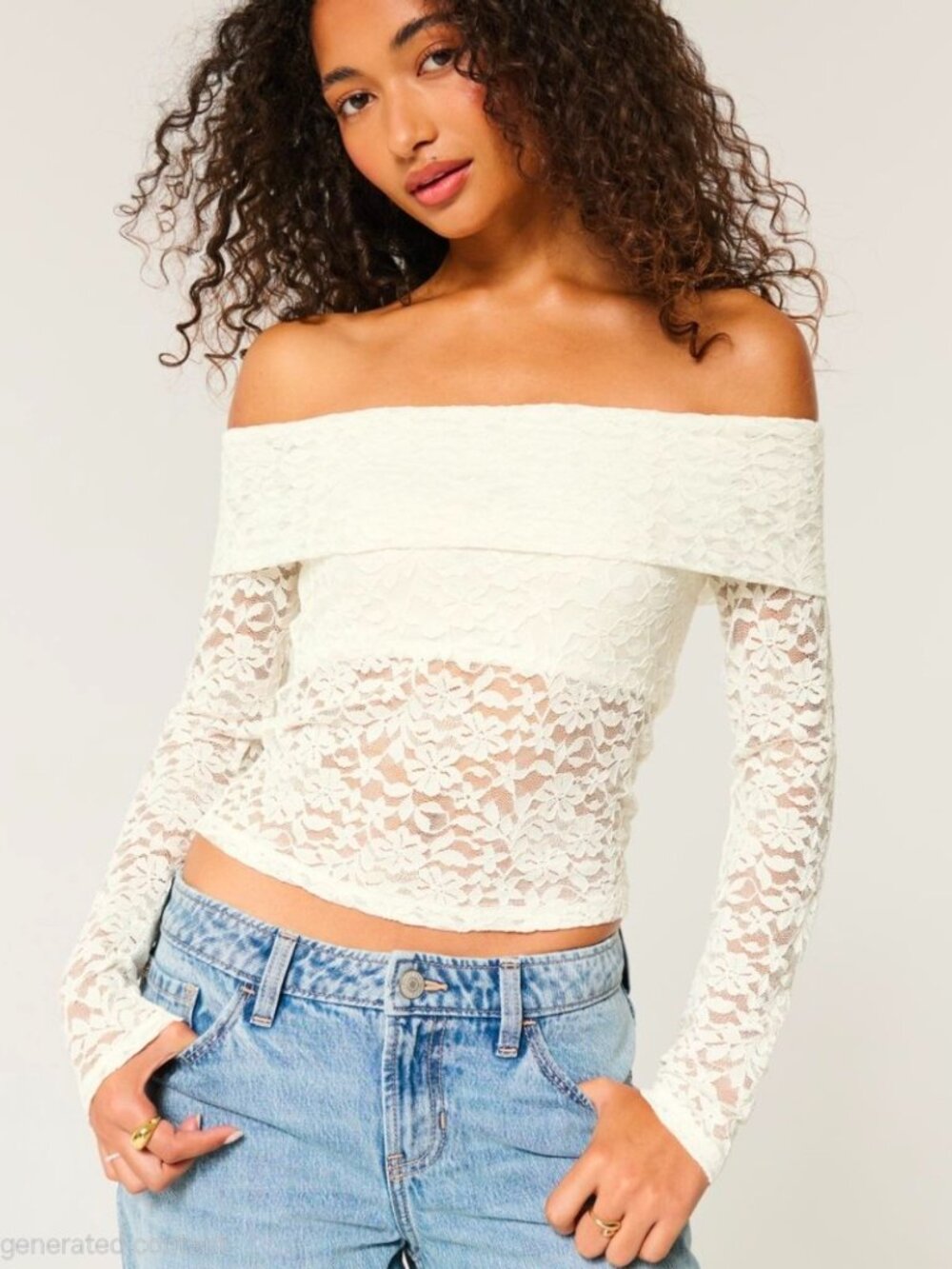 Hollister All Over Lace - Off the Shoulder Top - Cloud Dancer - Size M